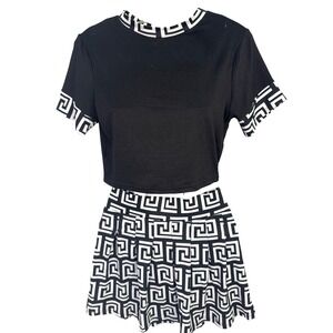 Ellie & Kate Black White Greek Key Crop Top and Pleated Mini Skirt Set S SET9966